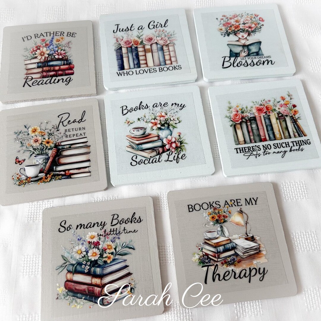 Set of 4 Wooden Book Themed Coasters, Book Coasters, Wooden Coasters ...