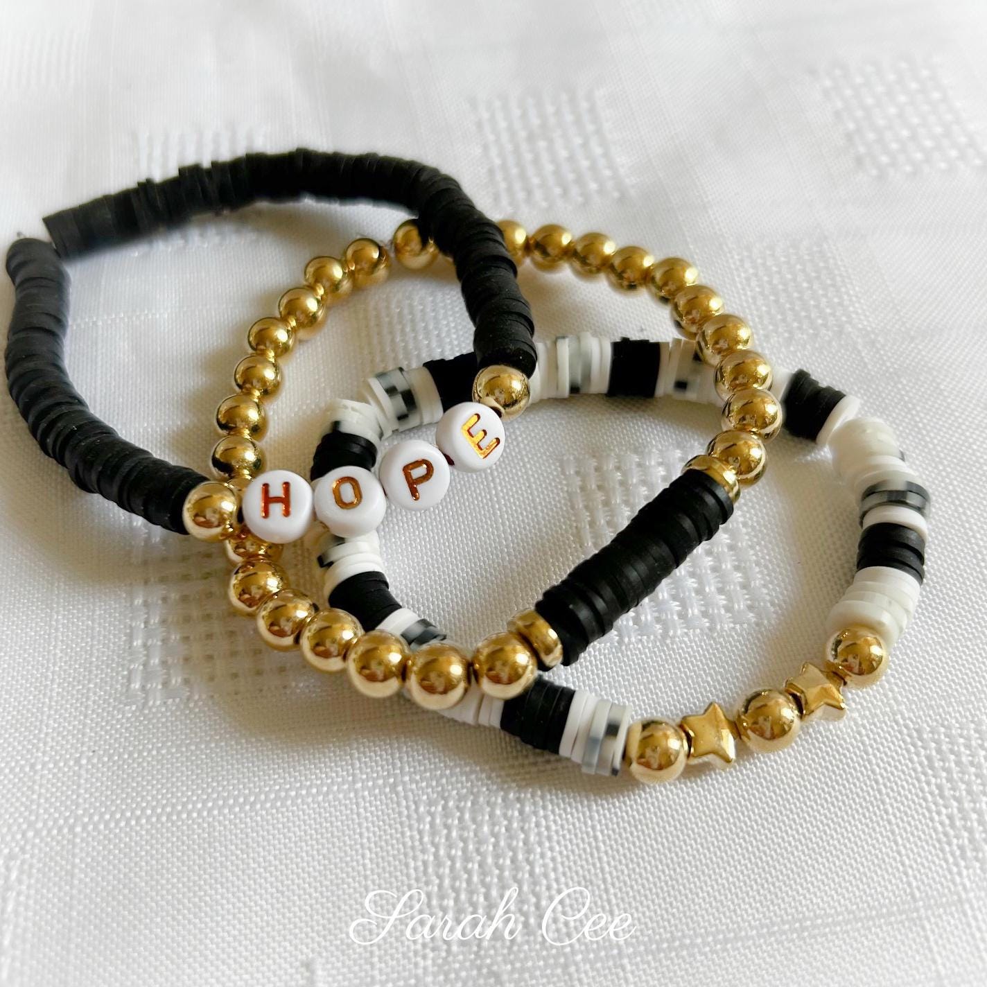 Monochrome stretch bead bracelets, clay bead bracelet, friendship bracelet, stacking bracelets, word bracelets, pearl bracelet, gift for her