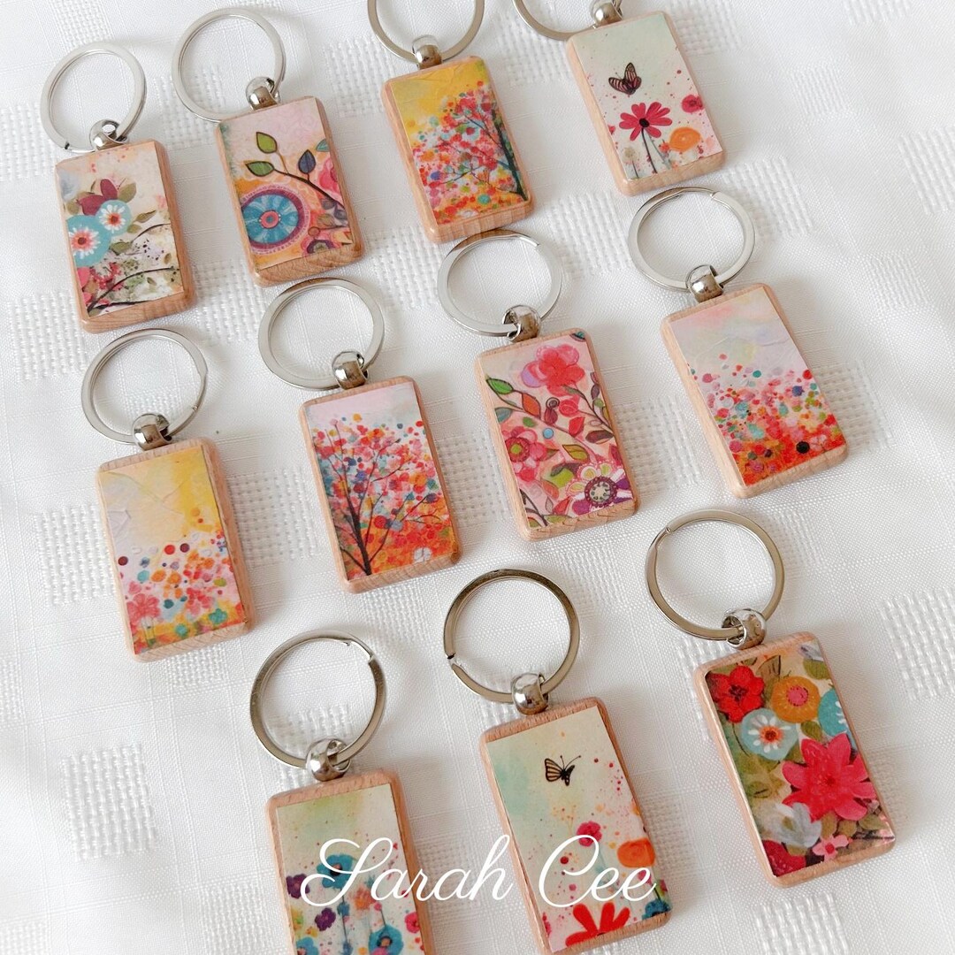 Decoupage Flower Wooden Key Ring: Handmade Floral Gift - Etsy