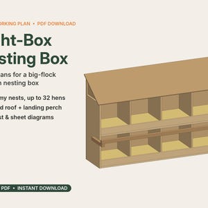Könnte beinhalten: Ein digitaler Holzbauplan für eine Nistkasten-Einheit mit acht Boxen, einem geneigten Dach und einer Landestange. Die Abbildung zeigt eine zweistöckige Holzkonstruktion mit acht einzelnen Fächern für Hühner, inklusive Textdetails.