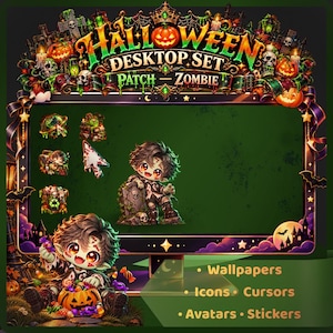Halloween-skrivbordsset, söt Halloween-bakgrundsbild, anpassade ikoner, markörer, animerad avatar, klistermärken, digital nedladdning för PC och Mac