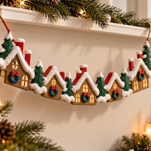May include: A holiday garland featuring a series of miniature brown houses with red chimneys and white snow-dusted roofs. Each house includes a small window and a green wreath with a red bow. Green pine trees are interspersed between the houses.
