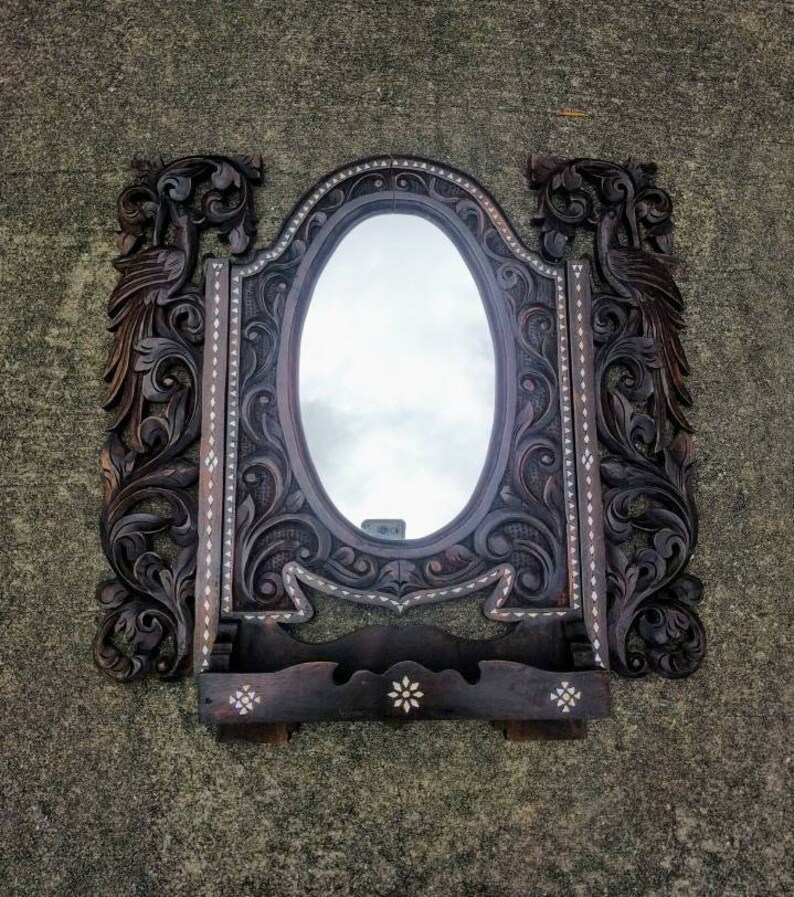 Exotic Vintage Wood Carved Inlaid Mirror Flowers And Birds Vanity Makeup Altar Indonesia India