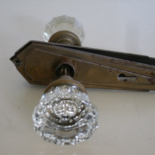 Antique Glass Door Knobs with Door Plates - Vintage Glass Handles,Vintage door hardware ,Art Deco Hardware