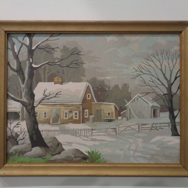 Vintage Paint by Number Painting of a Country House Winter Scene