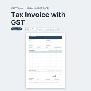 May include: A digital tax invoice template for Australia NDIS and aged care services. The document features sections for support provider and participant details, a table for supports provided, travel charges, and payment information in A4 and US Letter.