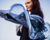 Silk scarf in ocean blue and silver - Light silk wool shawl - Dusty blue wool scarf - Boho shawl with ocean inspiration