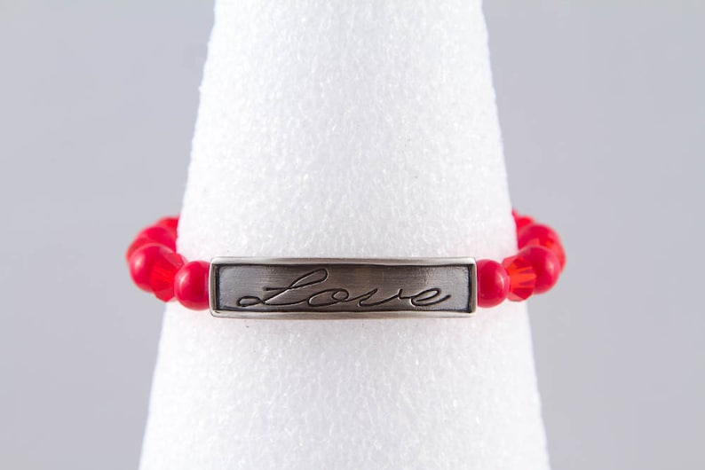 Love Stretch Bracelet Adjustable Elastic Message Bracelet Red Glass /& Pewter Word Stacking Bracelet Small or Large Sizes