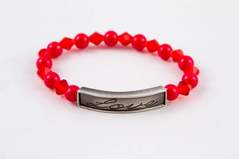 Love Stretch Bracelet Adjustable Elastic Message Bracelet Red Glass /& Pewter Word Stacking Bracelet Small or Large Sizes