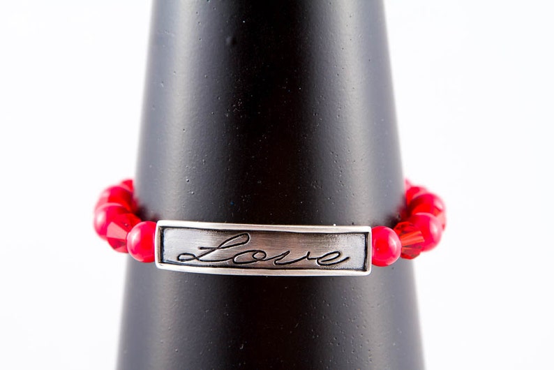 Love Stretch Bracelet Adjustable Elastic Message Bracelet Red Glass /& Pewter Word Stacking Bracelet Small or Large Sizes