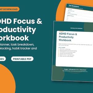 Puede incluir: Un libro de ejercicios digital ADHD Focus & Productivity en formato PDF, con 14 páginas para planificación diaria, desglose de tareas y seguimiento de hábitos. El diseño presenta un fondo verde azulado oscuro con acentos naranjas y texto blanco.