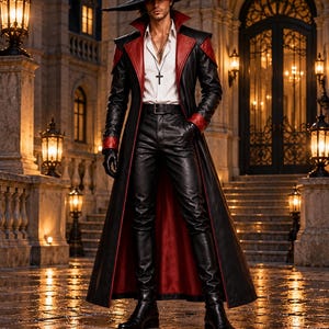 Gabardina gótica de cuero negro y rojo para hombre, chaqueta larga estilo vampiro victoriano.
