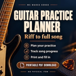 以下が含まれることがあります： MC MAKES SENSE GUITAR PRACTICE PLANNER Riff to full songというタイトルのデジタルギター練習プランナー。Plan your practice、Track song progress、Print and fill inの機能が含まれています。PDFダウンロードボタン付きで、物理的なアイテムはありません。