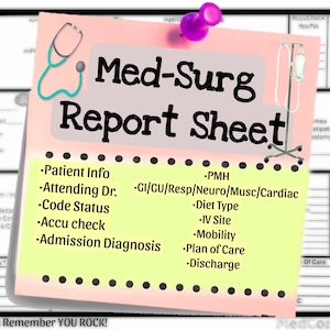 Può includere: Un foglio di rapporto Med-Surg rosa e giallo con uno stetoscopio verde acqua e un grafico di un'asta per flebo. Il testo include Patient Info, Attending Dr., Code Status, Accu check, Admission Diagnosis, PMH, GI/GU/Resp/Neuro/Musc/Cardiac, Diet Type, IV Site, Mobility, Plan of Care e Discharge.