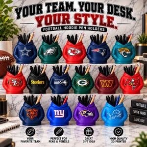 May include: A collection of fifteen miniature hoodie-shaped pen holders, each featuring a different professional football team logo and color scheme, arranged on a tiered display with pens and pencils inserted into the hoods.