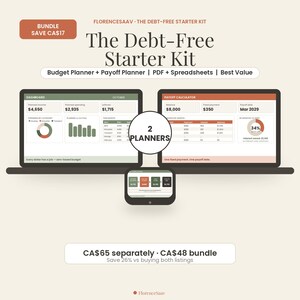 Op de afbeelding: De schuldvrije starterkit bevat een budgetplanner en een aflossingsplanner in PDF- en spreadsheetformaat. De afbeelding toont twee laptopschermen en een tablet met financiële dashboards, grafieken en rekenmachines.