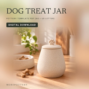 May include: A speckled beige ceramic dog treat jar with a lid featuring a small paw print handle, accompanied by a matching bowl containing bone-shaped treats. Text reads: DOG TREAT JAR, POTTERY TEMPLATE PDF (A4 + US LETTER), DIGITAL DOWNLOAD.