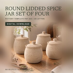 Lidded Spice Jar Pottery Template PDF, Round Ceramic Canister Pattern for Four Jars, Clay Handbuilding Guide, A4 & US Letter, Commercial Use