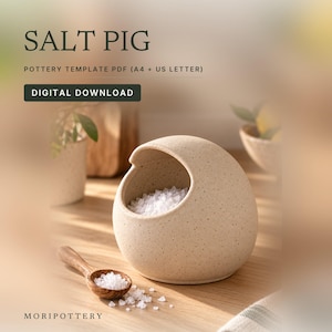 May include: A beige speckled ceramic salt pig filled with coarse white salt, accompanied by a small wooden spoon. Text reads: SALT PIG, POTTERY TEMPLATE PDF (A4 + US LETTER), DIGITAL DOWNLOAD, MORIPOTTERY. The design is round with an open front.