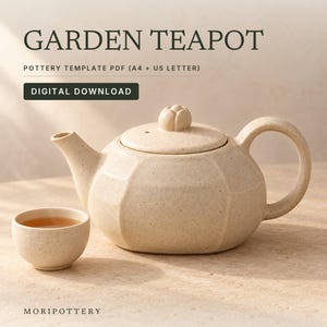 May include: A beige speckled ceramic teapot with a faceted body and a small lid knob, accompanied by a matching teacup filled with tea. The text reads GARDEN TEAPOT, POTTERY TEMPLATE PDF (A4 + US LETTER), DIGITAL DOWNLOAD, and MORIPOTTERY.