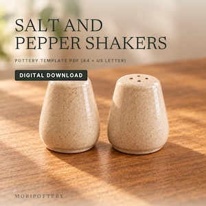 May include: Two speckled beige ceramic salt and pepper shakers with a rounded shape. Text reads: SALT AND PEPPER SHAKERS, POTTERY TEMPLATE PDF (A4 + US LETTER), DIGITAL DOWNLOAD, MORIPOTTERY. The shakers have a smooth, glossy finish.