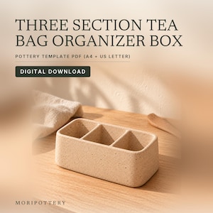 May include: A rectangular, speckled beige pottery tea bag organizer box with three internal sections. The text reads: THREE SECTION TEA BAG ORGANIZER BOX, POTTERY TEMPLATE PDF (A4 + US LETTER), DIGITAL DOWNLOAD, and MORIPOTTERY.
