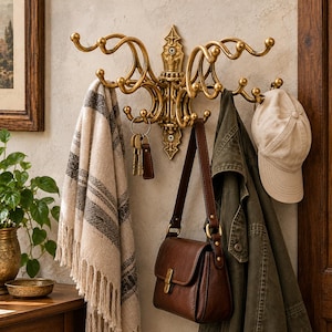 Vintage Brass Wall Hook Rack, Ornate Multi Hook Coat Hanger, Antique Style Cast Brass Wall Organizer, Key Holder, Purse & Hat Rack