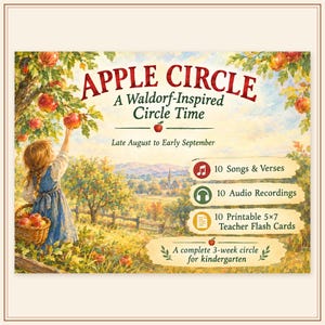 Pode incluir: Um recurso educativo digital intitulado Apple Circle: A Waldorf-Inspired Circle Time para o final de agosto e início de setembro. Apresenta uma pintura de uma criança colhendo maçãs, 10 canções, 10 gravações de áudio e 10 cartões didáticos imprimíveis de 13x18 cm para um círculo de 3 semanas no jardim de infância.