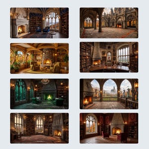 May include: A collection of eight digital backdrops featuring interior scenes of stone castles, libraries, and grand halls with arched windows, stone fireplaces, wooden bookshelves, and armchairs, showcasing various autumn and forest views.