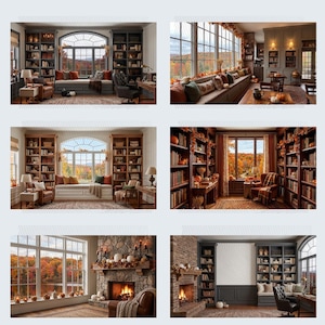 May include: A collection of six interior scenes featuring home libraries and living spaces with large windows, built-in bookshelves, stone fireplaces, and autumn-themed decor including pumpkins, foliage, and warm-toned textiles in various arrangements.