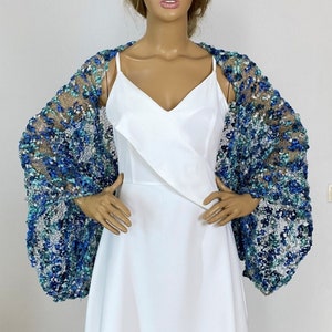 Wedding Evening Shrug Knit Blue Shrug Cover Ups Shawls Wraps Long Sleeve Shrug Weddings Bridal Accessories Shrugs Boleros Bridesmaids Gift