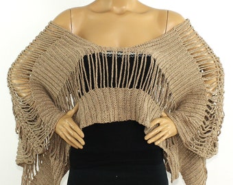 Beige Gold Crochet Women Poncho, Cotton Poncho, Women Accessory Poncho, Cotton Pullover,Hand Crocheted Cover up by Arzu's Style