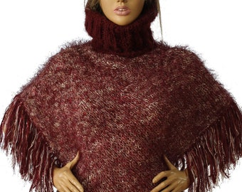 Wine Cream Color Hand Knit Wool Turtle Neck Fringed Poncho, Fall Winter Poncho, Pullover,Sweater Poncho, Knit Cover up by Arzu's Style