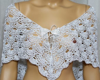 Wedding Shawl,Bridal Shawl,Evening Shawl,Prayer Shawl,Summer Shawl,Light Silver Shawl,Hand Crochet Shawl,Bridesmaid Shawl, Gift Ideas