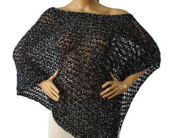 Black White Shimmery Hand Knit Mohair Poncho, Sequin Tassel, Fall Winter Women Poncho,Pullover,Sweater Poncho, Knit Cover up by Arzu's Style