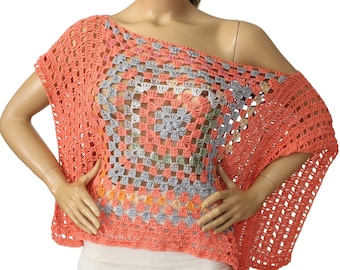 Coral Hand Crochet Square Poncho, Hand Crochet Multicolor Women Poncho, Sweater Poncho, Knit Cover up by Arzu's Style