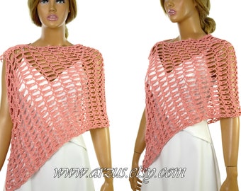 Salmon Crochet Summer Poncho, Crochet Poncho, Evening Cover Up, Womens Poncho, Sweater Poncho, Crochet Cover up by Arzu's Style