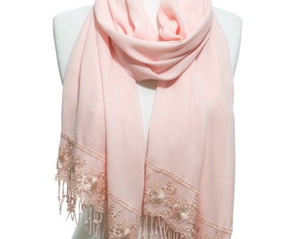 Pink Lace Trim Pashmina Wedding Shawl, Bridal Shawl,Bridesmaid Shawl, Bridesmaids Gifts, Evening Wrap Bridesmaid Shawls Wedding Favors Gifts