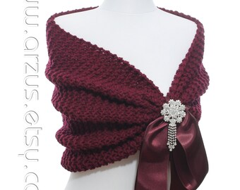 Wedding Shawl, Bridal Shawl, Bridal Wedding Stole, Claret Red Shawl, Hand Knit Burgundy Shawl, Wine Wedding Capelet, Bridesmaids Gift Shawl