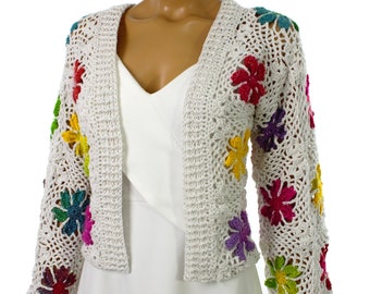 Flower Crochet Off-White Cotton Women Jacket, Coat, Overcoat Best for Fall, Spring, Winter by Arzu's Style