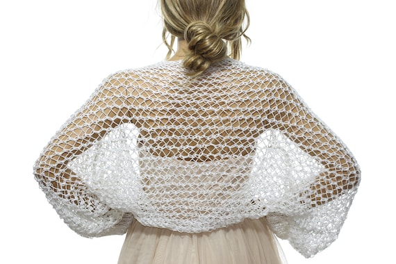 knitted shrugs for dresses Hand Knit Lace Wedding Shrug with Puff Sleeves