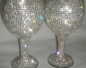 Custom designed handmade pair of wine glass, wedding, bride, groom, Swarovski, Czech rhinestones by Arzu's Style