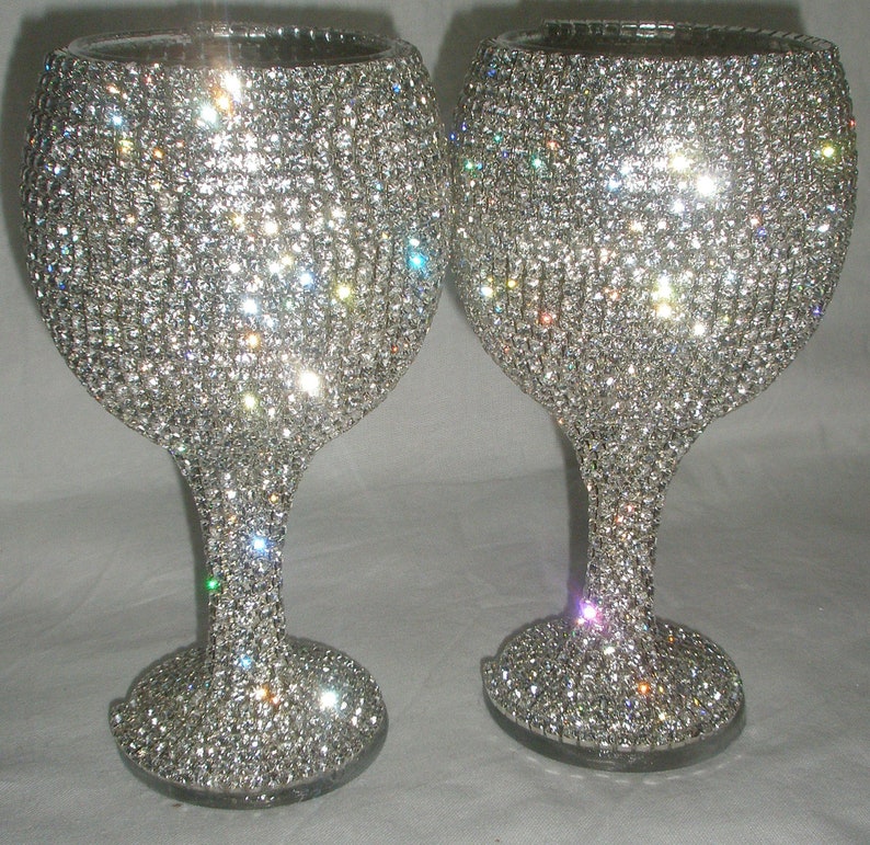 Custom designed handmade pair of wine glass, wedding, bride, groom, Swarovski, Czech rhinestones by Arzu's Style image 1