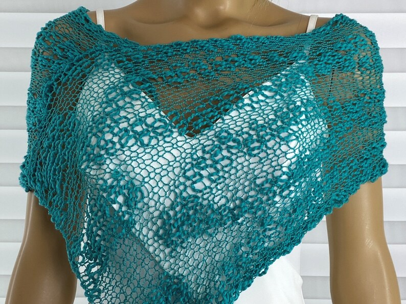 Turquoise Knit Poncho, Beach Cover, Beach Wear, Women's Poncho, Sweater Poncho, Knit Cover up by Arzu's Style image 3