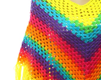 Rainbow Crochet Poncho, Hand Crochet Multicolor Women Poncho, Sweater Poncho, Knit Cover up by Arzu's Style
