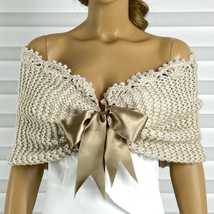 Knit Wedding Shawl, Bridal Shawl, Bridal Wedding Stole, Beige Shawl, Hand Knit Mushroom Shawl, Beige Wedding Capelet, Bridesmaids Gift Ideas