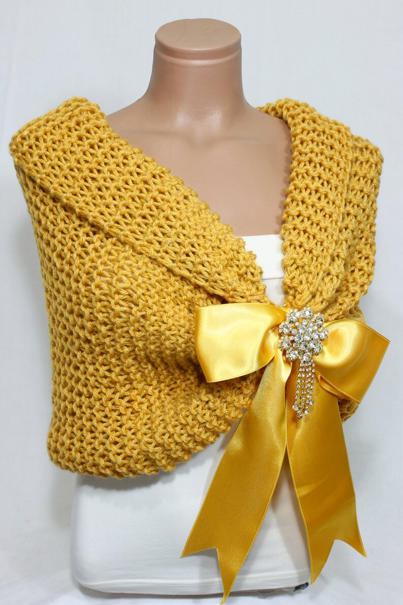 Gold Mustard Wedding Shawl, Bridal Shawl, Bridal Wedding Stole, Gold Shawl, Hand Knit Shawl, Gold Capelet, Wedding Capelet, Bridesmaid Shawl image 3