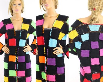 Multicolor Hand Crocheted Custom Cotton Check Women Jacket, Coat, Overcoat Best for Fall and Spring by Arzu's Style