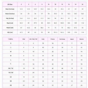 May include: A size chart for women's clothing, showing US sizes, bust, waist, and hip measurements in inches and centimeters. The chart also includes international size conversions for the UK, Australia, New Zealand, Italy, France, Germany, Japan, and Russia.