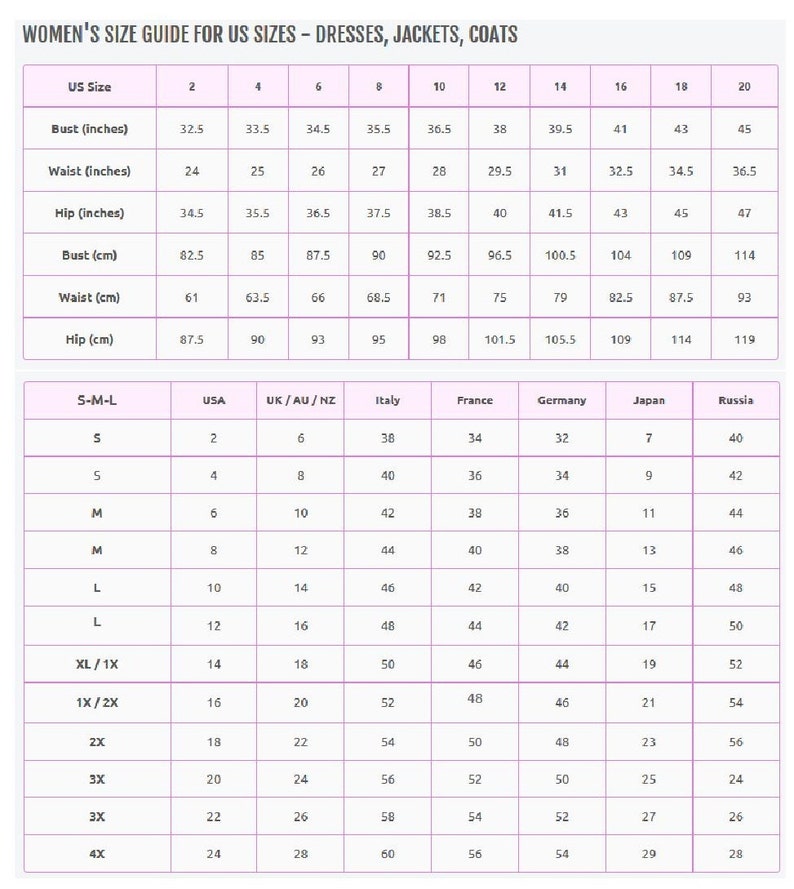 May include: A size chart for women's clothing, showing US sizes, bust, waist, and hip measurements in inches and centimeters. The chart also includes international size conversions for the UK, Australia, New Zealand, Italy, France, Germany, Japan, and Russia.